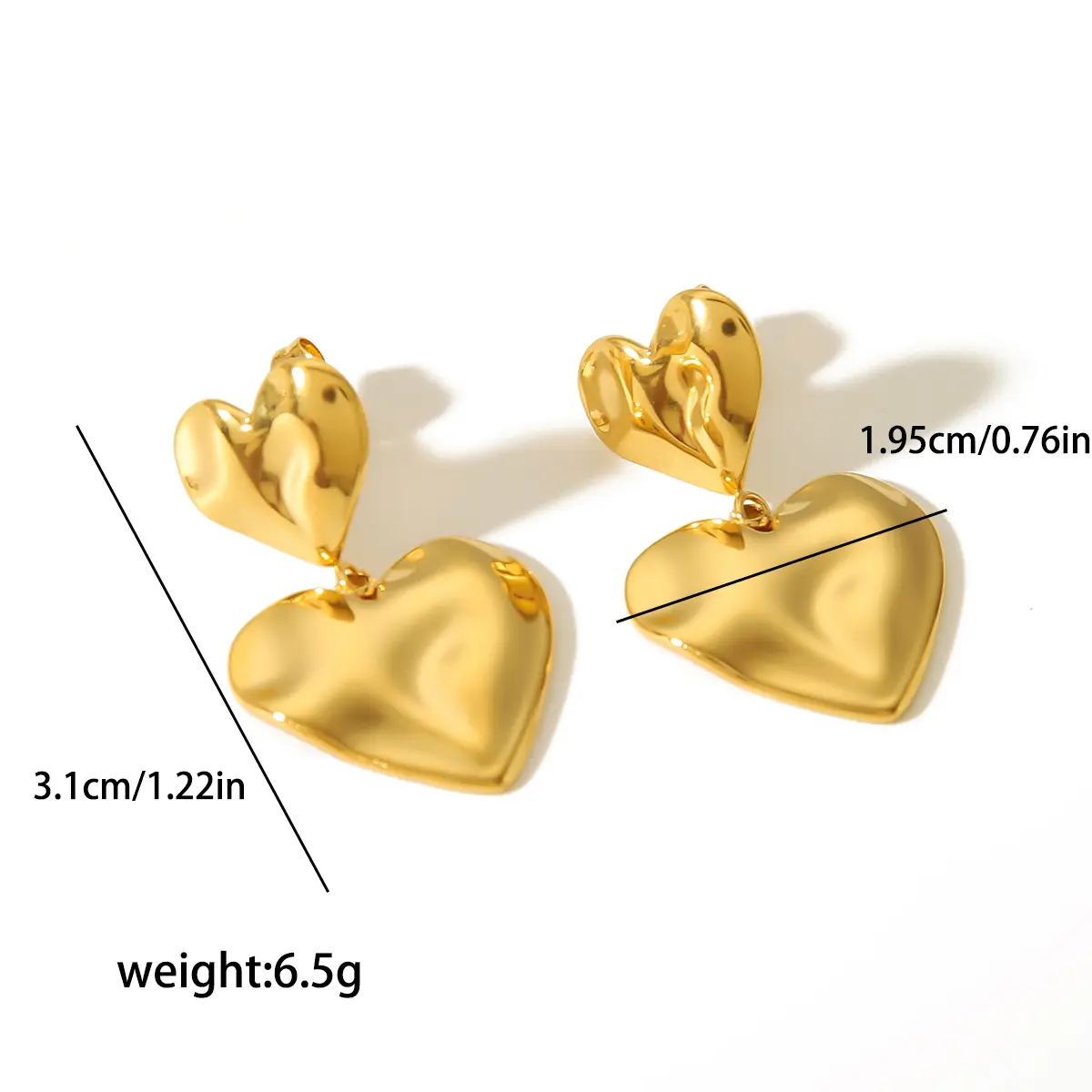 1 Pair Minimalist Fashion Style Hammered Texture Heart Shape Stainless Steel 18K Gold Plated Women's Drop Earrings h5 Picture2